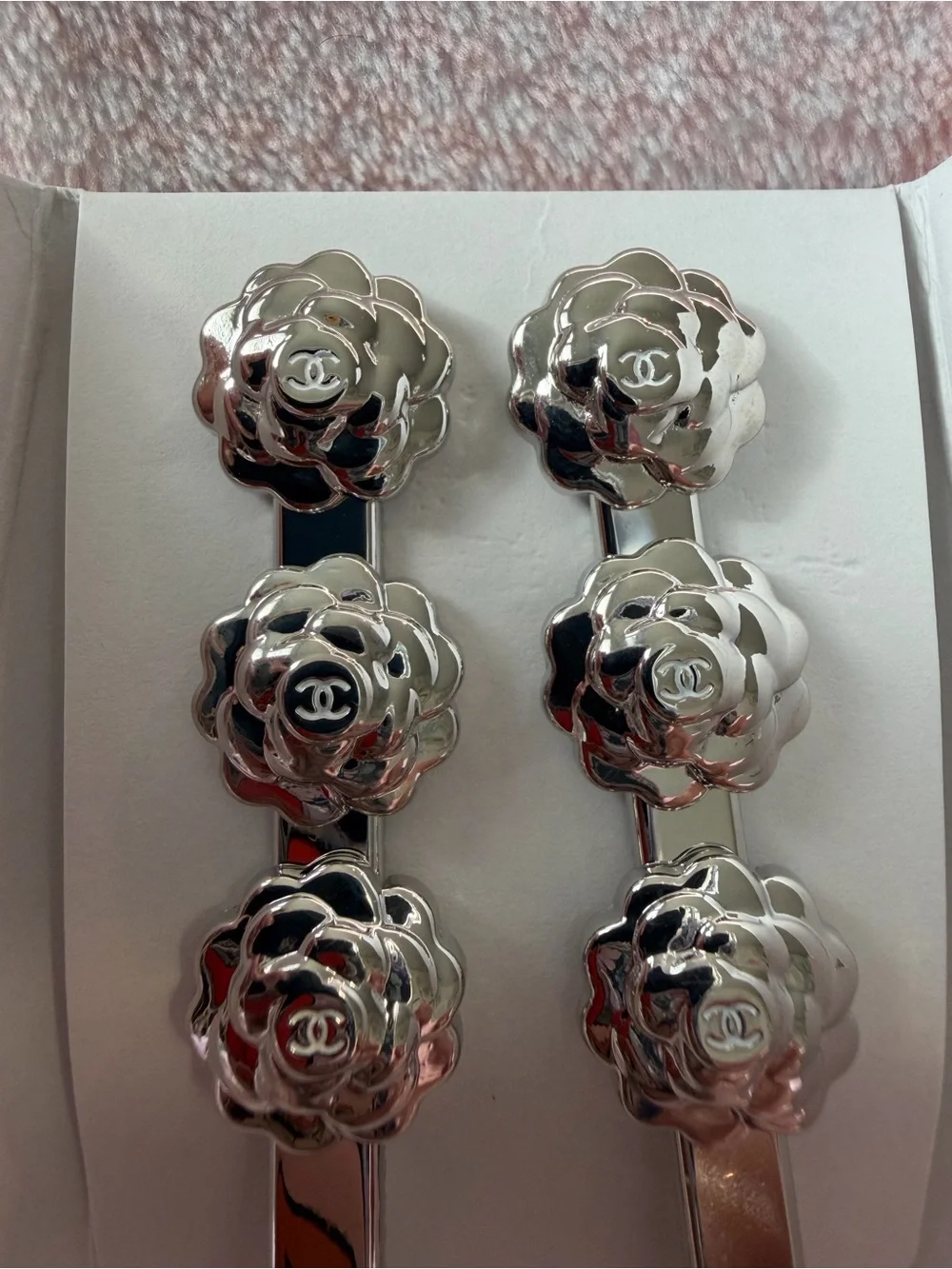 CHANEL Silver Camellia Clip Pair — Shiny Floral Brooch Clips NWT